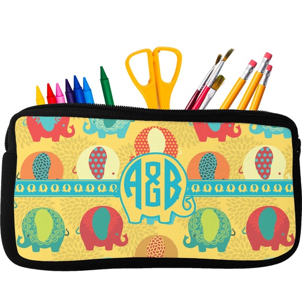 Custom Cute Elephants Neoprene Pencil Case - Small w/ Couple's Names