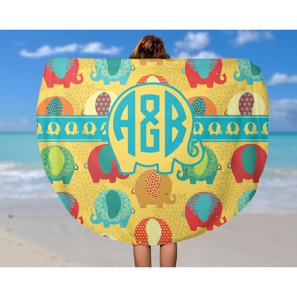 Cute Elephants Round Beach Towel - In Use