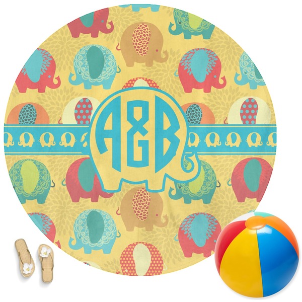 Custom Cute Elephants Round Beach Towel (Personalized)
