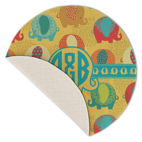 Cute Elephants Round Linen Placemats - Front (folded corner single sided)