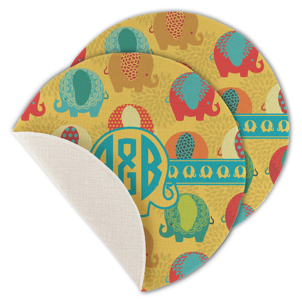 Custom Cute Elephants Round Linen Placemat - Single Sided - Set of 4 (Personalized)