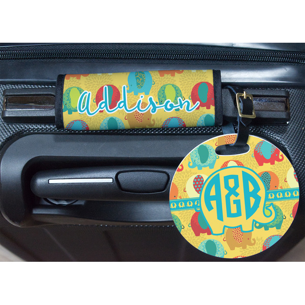 Cute Elephants Round Luggage Tag & Handle Wrap - In Context