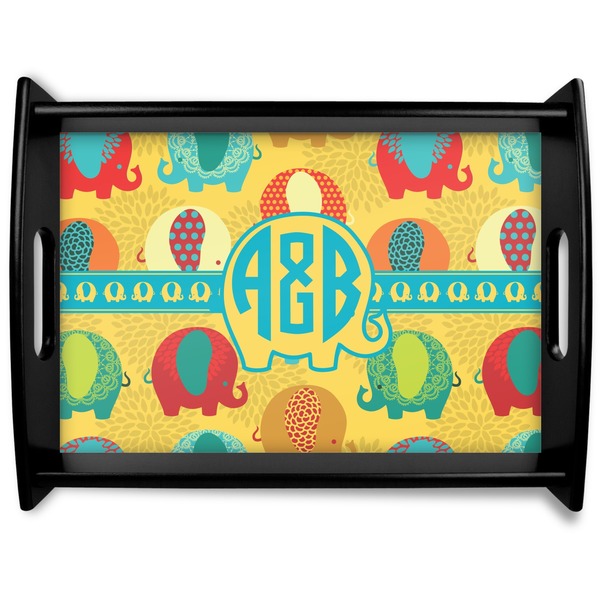 Custom Cute Elephants Black Wooden Tray - Large (Personalized)