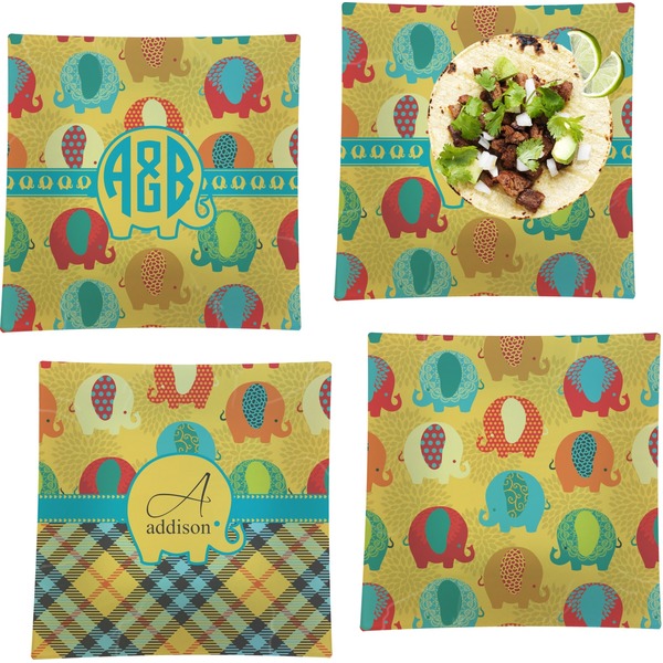 Custom Cute Elephants Set of 4 Glass Square Lunch / Dinner Plate 9.5" (Personalized)