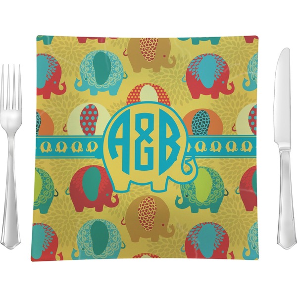 Custom Cute Elephants Glass Square Lunch / Dinner Plate 9.5" (Personalized)