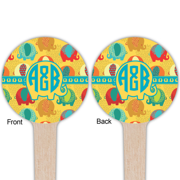 Cute Elephants Wooden 4" Food Pick - Round - Double Sided - Front & Back