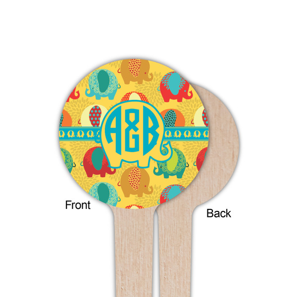 Cute Elephants Wooden 4" Food Pick - Round - Single Sided - Front & Back