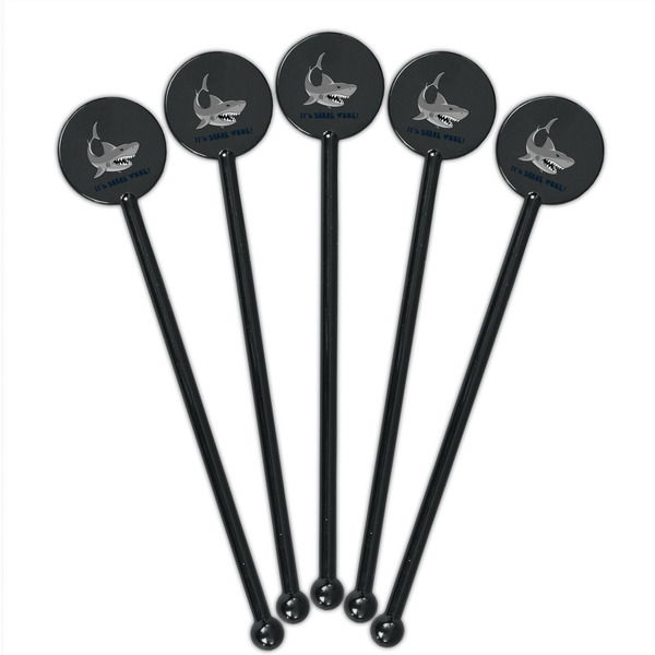 Sharks Black Plastic 5.5" Stir Stick - Round - Fan View