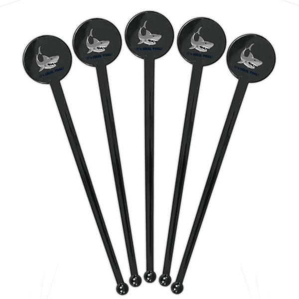 Sharks Black Plastic 7" Stir Stick - Round - Fan View