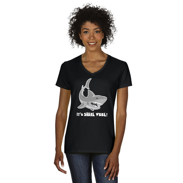 Custom Sharks Women's V-Neck T-Shirt - Black - Medium (Personalized)