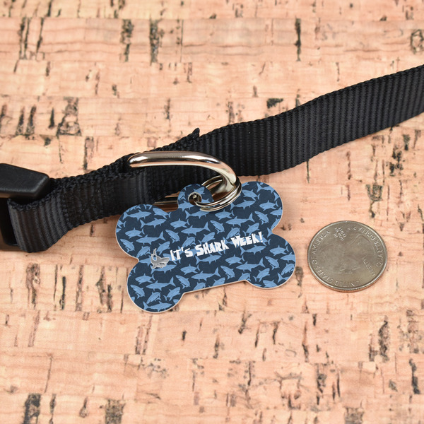 Sharks Bone Shaped Dog ID Tag - Large - In Context