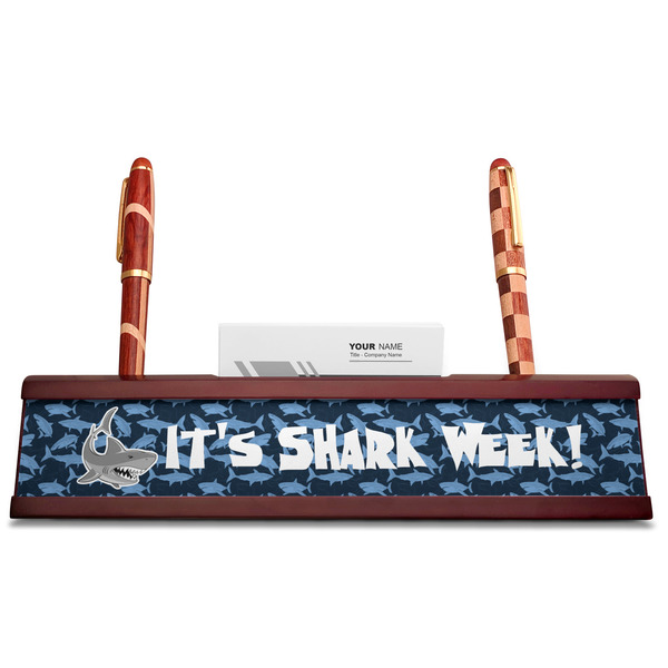 Sharks Red Mahogany Nameplates with Business Card Holder - Straight