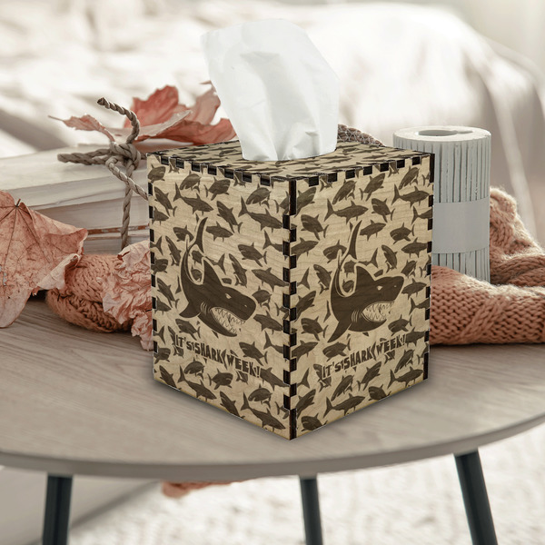 Sharks Square Tissue Box Covers - Wood - In Context