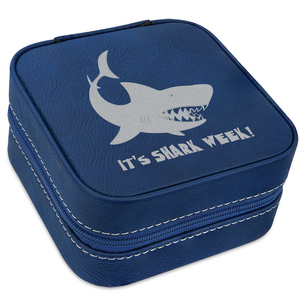 Custom Sharks Travel Jewelry Box - Navy Blue Leather (Personalized)