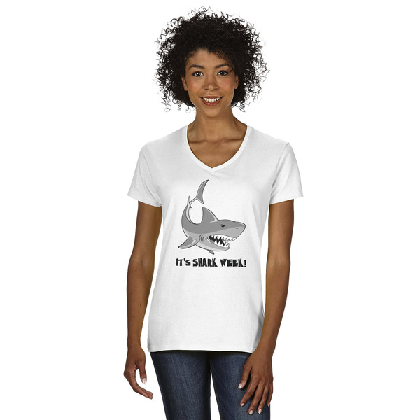 Custom Sharks Women's V-Neck T-Shirt - White - Medium (Personalized)