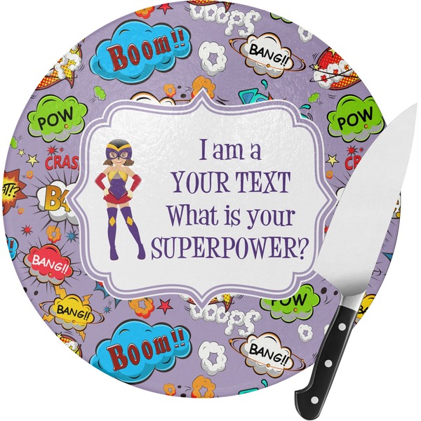 Custom What is your Superpower Round Glass Cutting Board - Medium (Personalized)