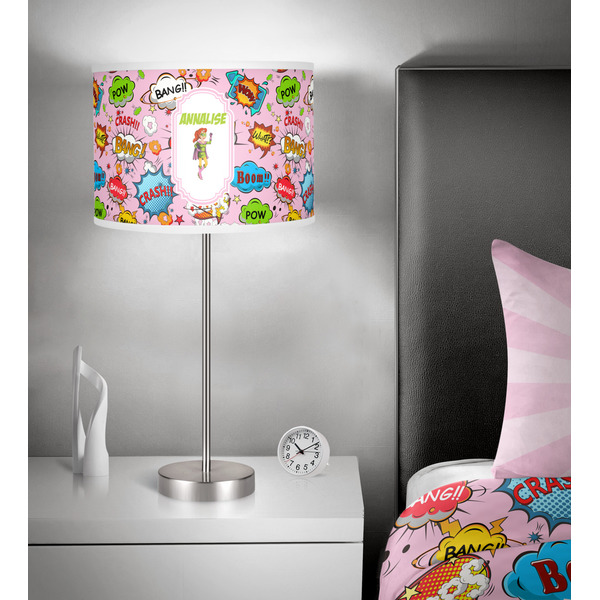 Woman Superhero 13 inch drum lamp shade - in room