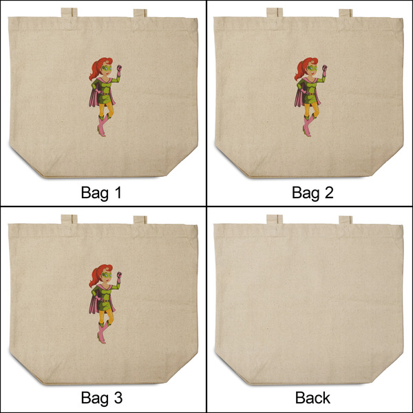 Woman Superhero 3 Reusable Cotton Grocery Bags - Front & Back View