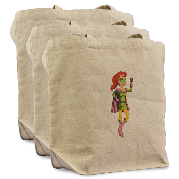 Woman Superhero 3 Reusable Cotton Grocery Bags - Front View