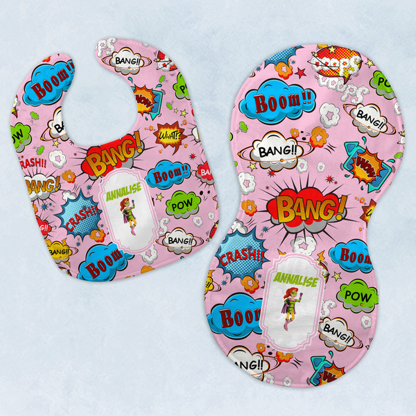 Custom Woman Superhero Baby Bib & Burp Set w/ Name or Text