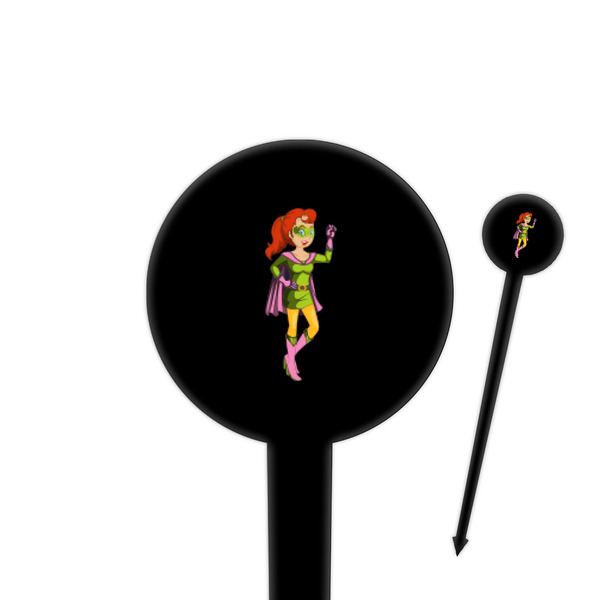 Custom Woman Superhero 4" Round Plastic Food Picks - Black - Single Sided