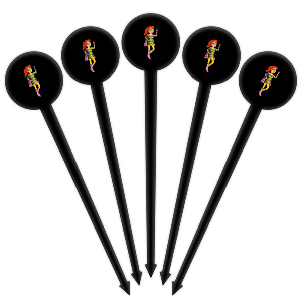 Woman Superhero Black Plastic 4" Food Pick - Round - Fan View