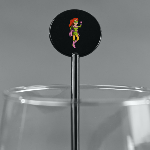 Woman Superhero Black Plastic 5.5" Stir Stick - Round - Main
