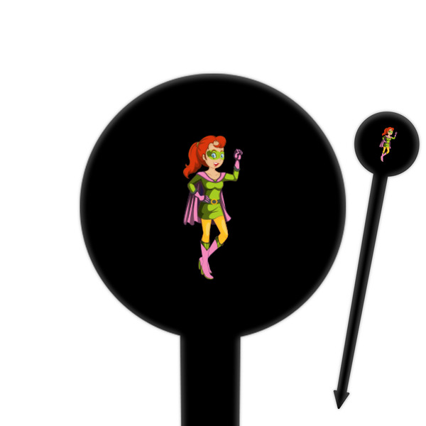 Custom Woman Superhero 6" Round Plastic Food Picks - Black - Single Sided