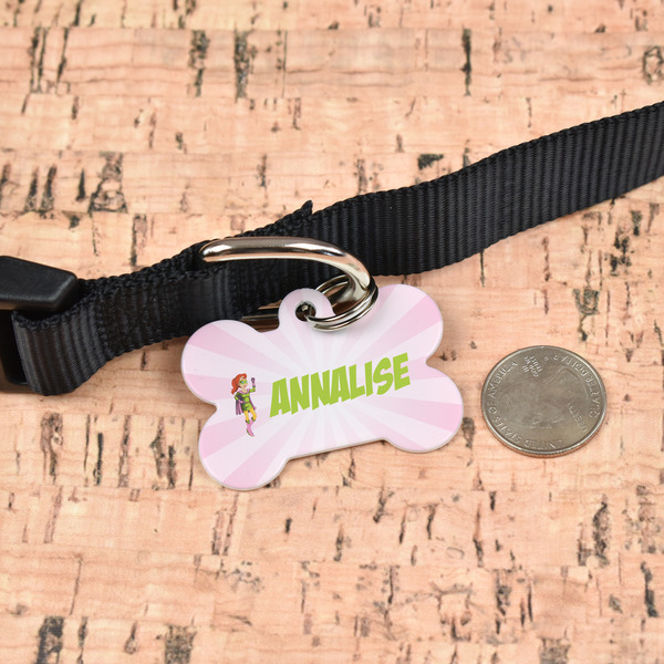 Woman Superhero Bone Shaped Dog ID Tag - Large - In Context