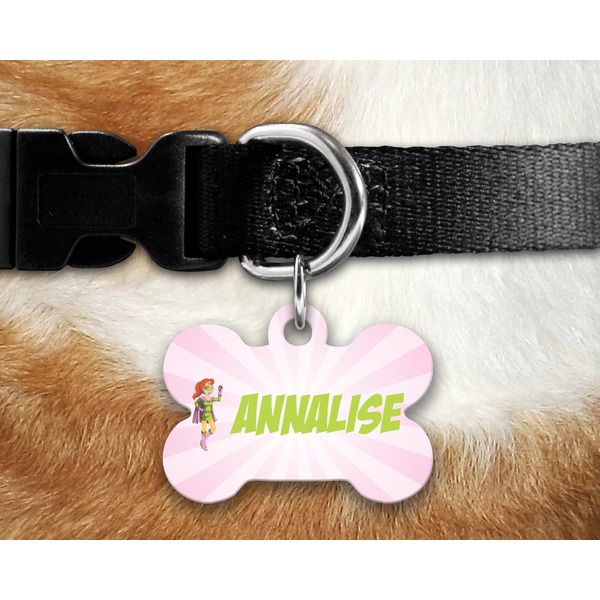 Woman Superhero Bone Shaped Dog Tag on Collar & Dog