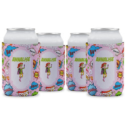 Woman Superhero Can Cooler (12 oz) - Set of 4 w/ Name or Text