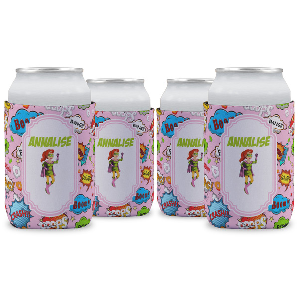 Custom Woman Superhero Can Cooler (12 oz) - Set of 4 w/ Name or Text