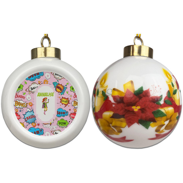 Woman Superhero Ceramic Christmas Ornament - Poinsettias (APPROVAL)