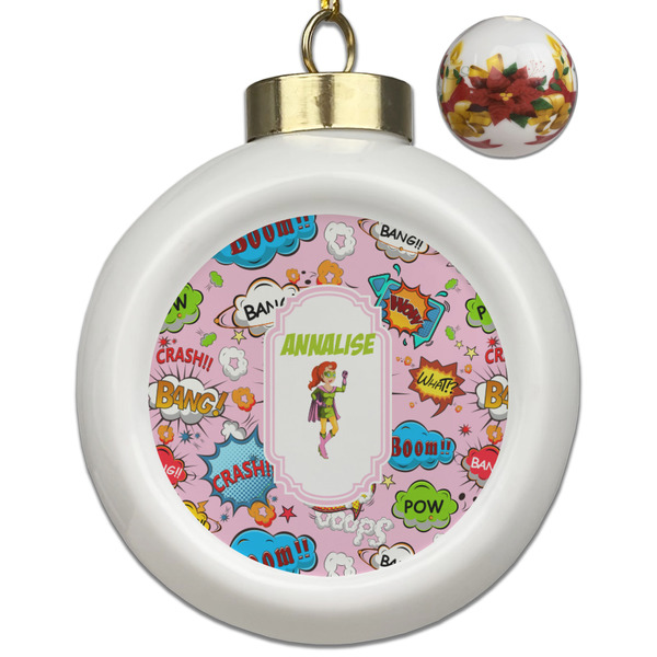 Custom Woman Superhero Ceramic Ball Ornaments - Poinsettia Garland (Personalized)
