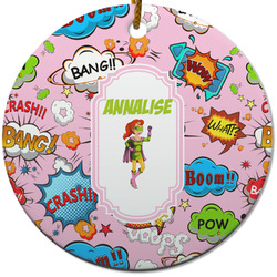 Woman Superhero Round Ceramic Ornament w/ Name or Text