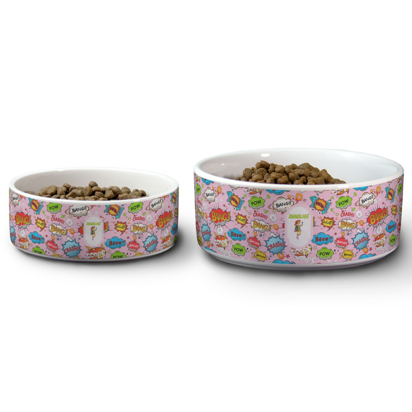 Woman Superhero Ceramic Dog Bowls - Size Comparison