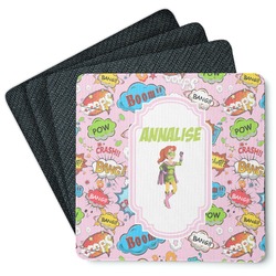 Woman Superhero Square Rubber Backed Coasters - Set of 4 (Personalized)