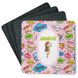 Woman Superhero Square Rubber Backed Coasters - Set of 4 (Personalized)
