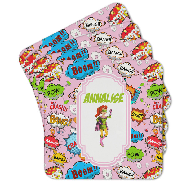 Custom Woman Superhero Cork Coaster - Set of 4 w/ Name or Text
