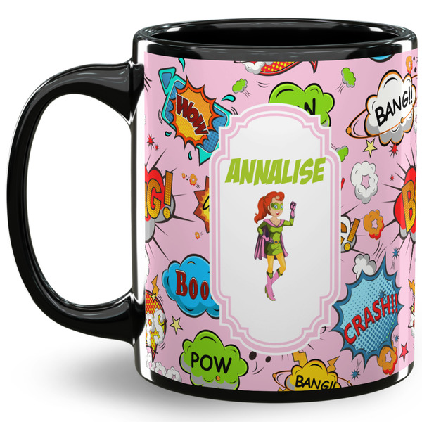 Custom Woman Superhero 11 Oz Coffee Mug - Black (Personalized)