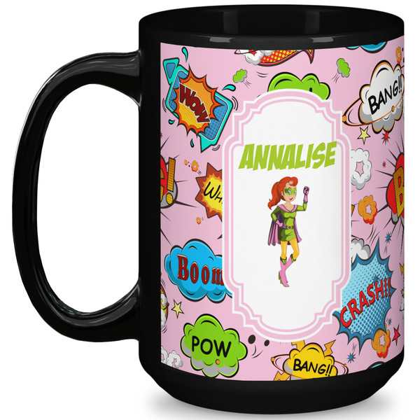Custom Woman Superhero 15 Oz Coffee Mug - Black (Personalized)