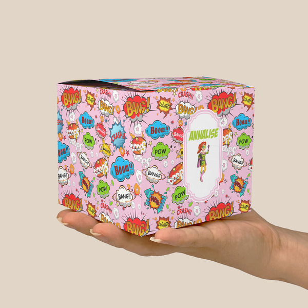 Woman Superhero Cube Favor Gift Box - On Hand - Scale View