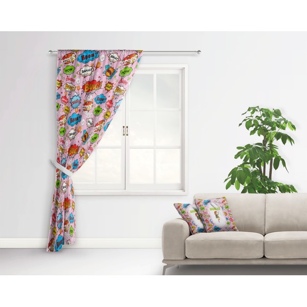 Woman Superhero Curtain With Window and Rod - in Room Matching Pillow