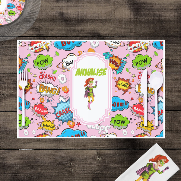 Woman Superhero Disposable Paper Placemat - In Context