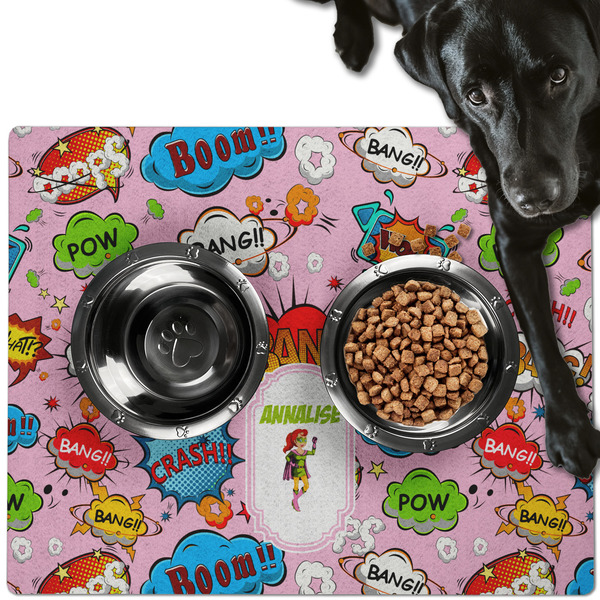 Custom Woman Superhero Dog Food Mat - Large w/ Name or Text