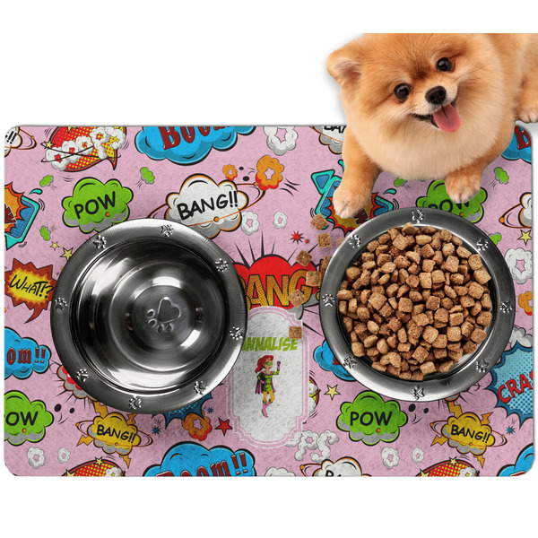 Custom Woman Superhero Dog Food Mat - Small w/ Name or Text