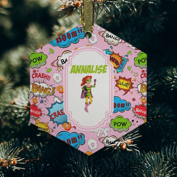 Woman Superhero Frosted Glass Ornament - Hexagon (Lifestyle)