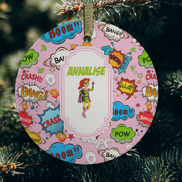 Woman Superhero Frosted Glass Ornament - Round (Lifestyle)