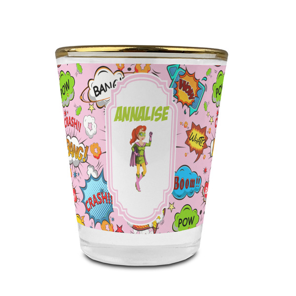 Woman Superhero Glass Shot Glass - With gold rim - FRONT