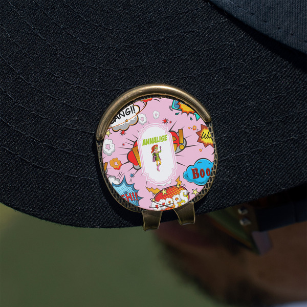Woman Superhero Golf Ball Marker Hat Clip - Gold - On Hat